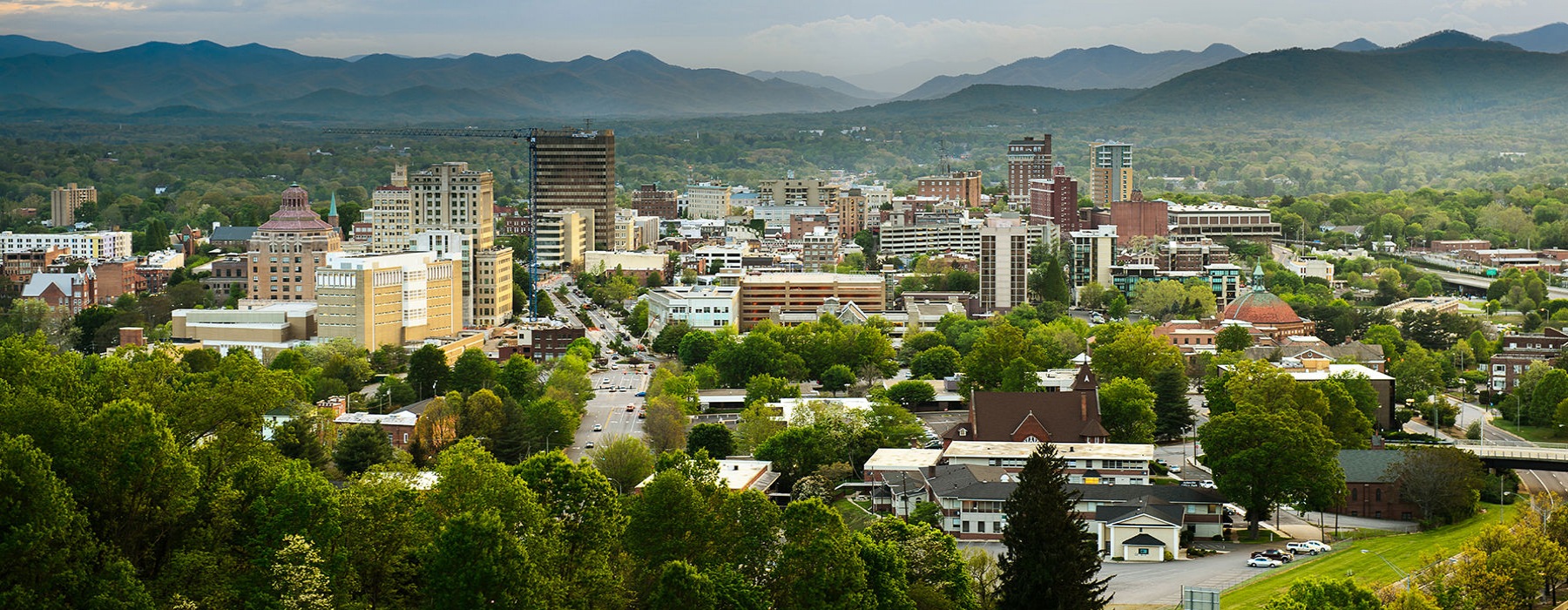 Beautiful nearby Asheville with mountains in the background